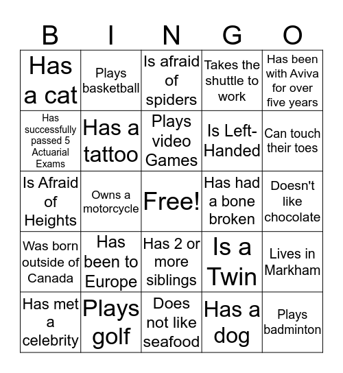 Aviva Bingo Card