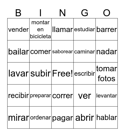 verbs Bingo Card