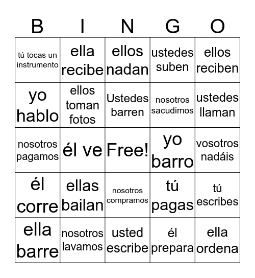 Ar- conjugations Bingo Card