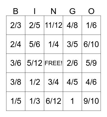 Fraction Bingo Card