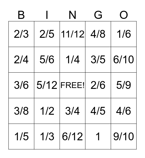 Fraction Bingo Card