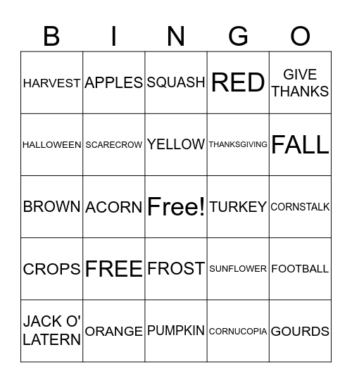 Harvest Bingo Card