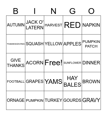 THANKSGIVING BINGO Card