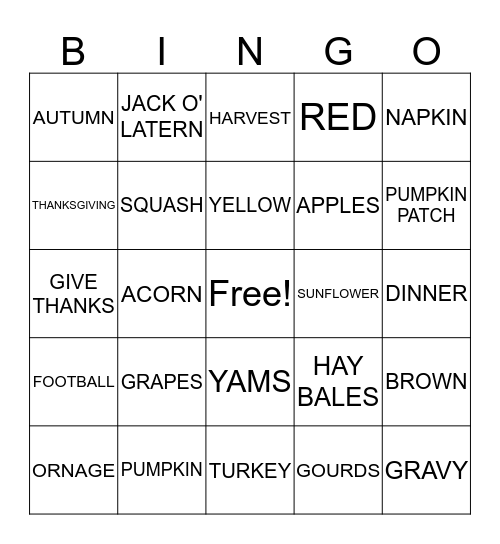 THANKSGIVING BINGO Card