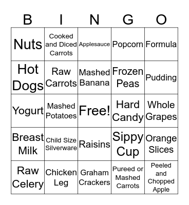 Child Development Foods BINGO Card