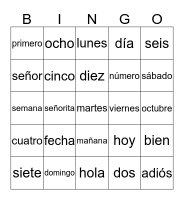 Números y días Bingo Card