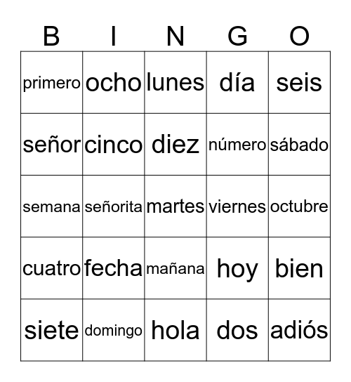 Números y días Bingo Card