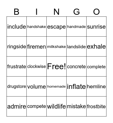 closed syllable v*e Bingo Card