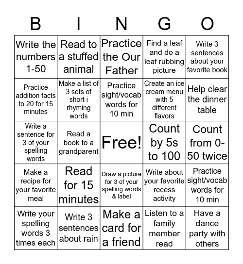 Homework Bingo Card