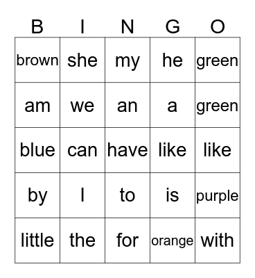 Sight Words Bingo Card