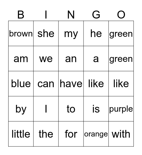 Sight Words Bingo Card