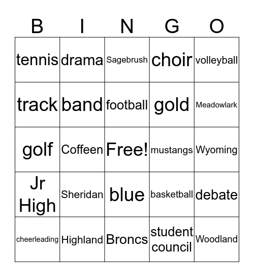Sheridan Broncs Bingo Card