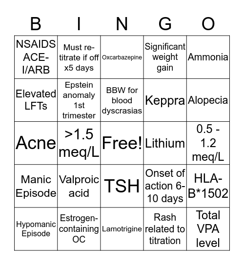 Mood Stabilizer Bingo Card