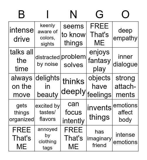 Overexcitabilities Bingo Card