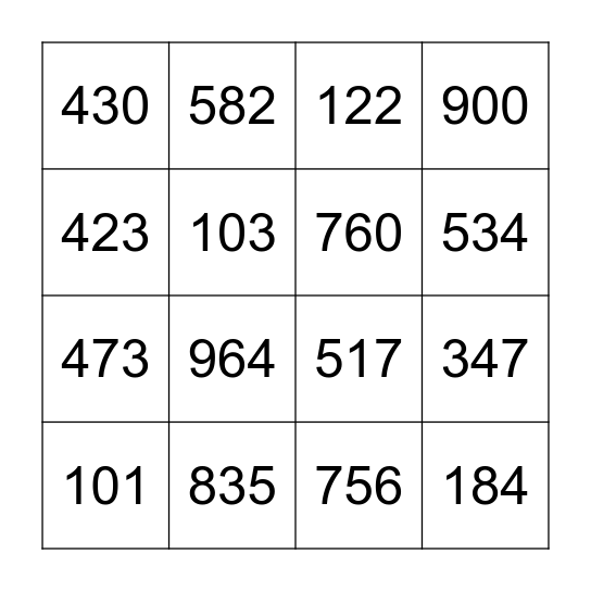 Place Value Bingo Card