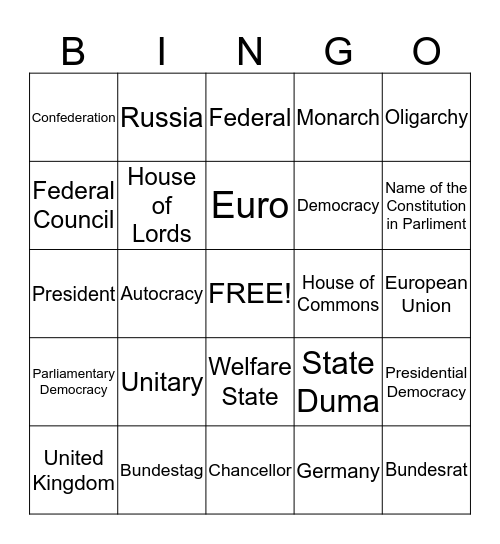 Systems of Government  Bingo Card