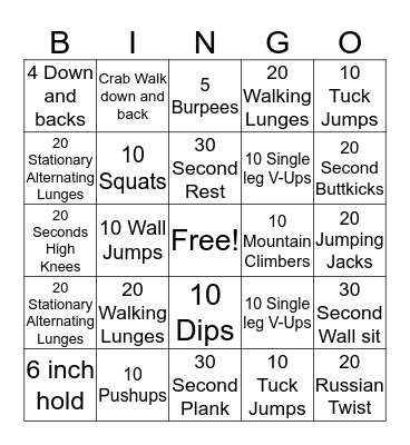 Fitness Bingo Card