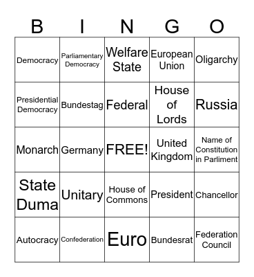 Systems of Government  Bingo Card