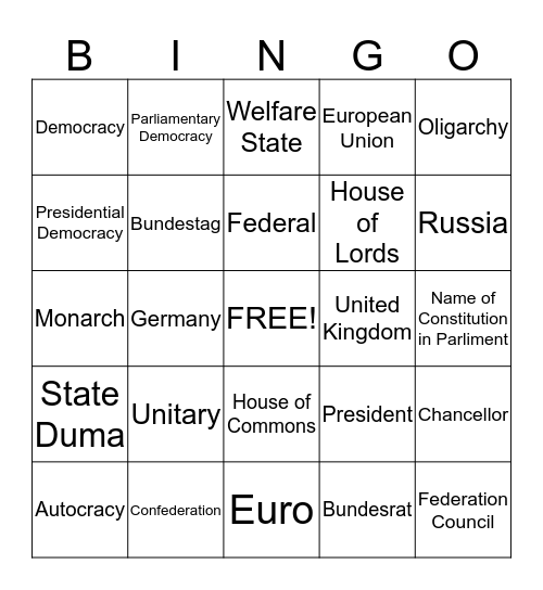 Systems of Government  Bingo Card
