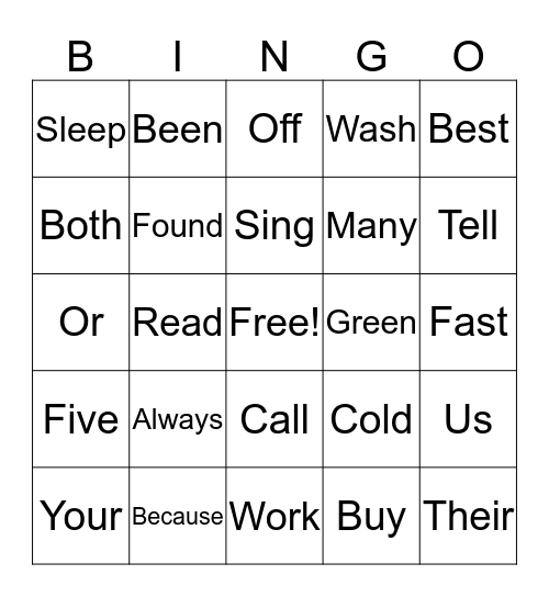 Sight Word Bingo Card