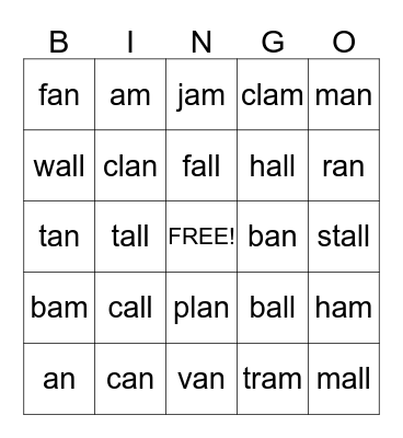 Words with /all/, /am/, and /an/ Bingo Card