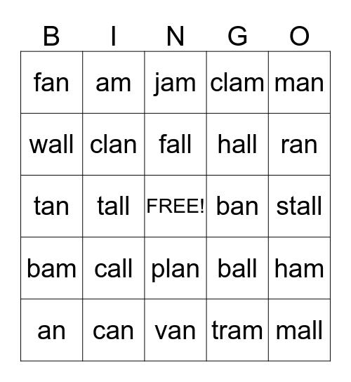 Words with /all/, /am/, and /an/ Bingo Card