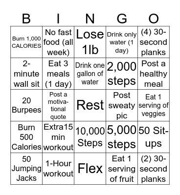 Workout Bingo Card