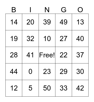 Number Bingo Card