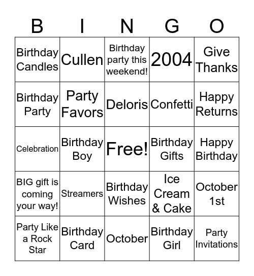 CULLEN IS FOURTEEN!!! Bingo Card