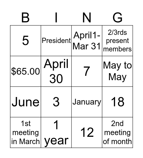 P.E.O Bingo Card