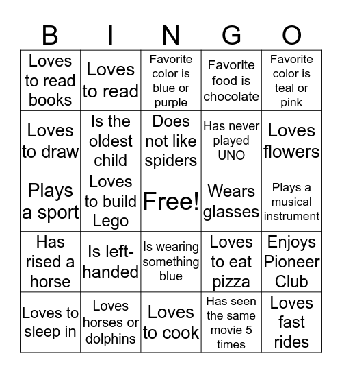 Pioneer Club Get to Know Eachother Bingo Card