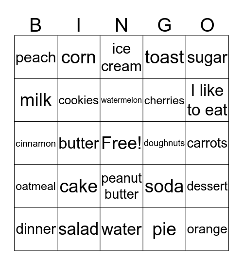 comida y bebidas (ingles) Bingo Card