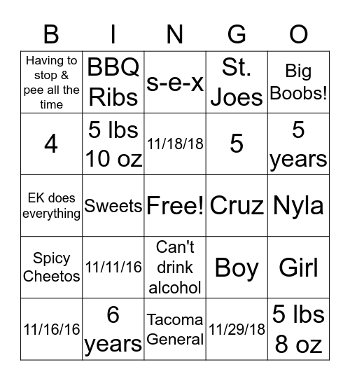 Kimble Baby Trivia BINGO! Bingo Card