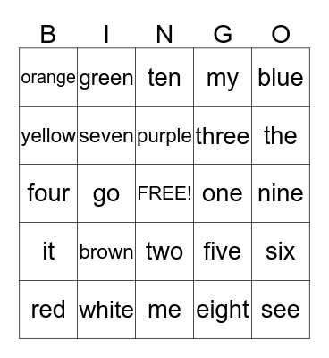 Color, Number, Sight Words Bingo Card