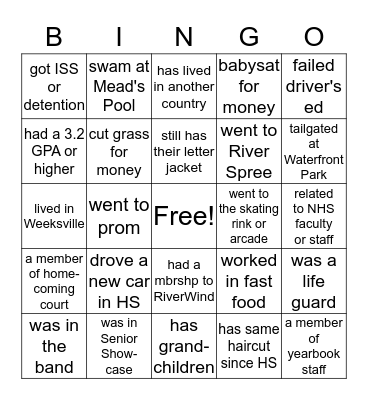 NHS Class of 1988 Bingo Card
