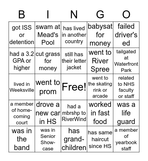 NHS Class of 1988 Bingo Card