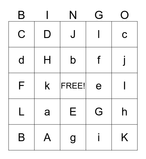 Upper/Lower Case Letters Bingo Card