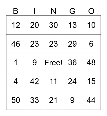 Happy Kids Numbers Bingo Card