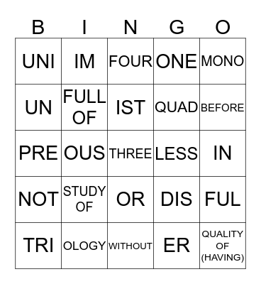Word Cells #1-5 Bingo Card