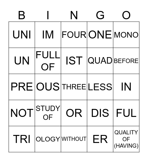 Word Cells #1-5 Bingo Card