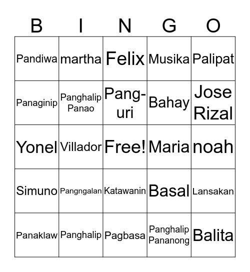 Filipino Bingo Card