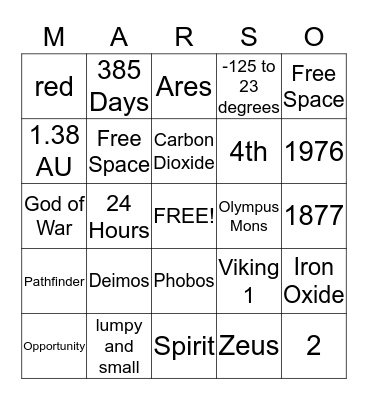 Mars Bingo Card
