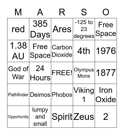 Mars Bingo Card