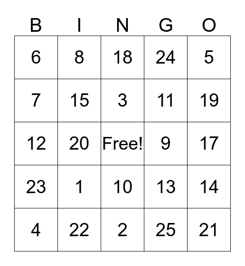 NUMBERS NUMBERS Bingo Card