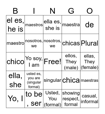 Spanish Bingo Card