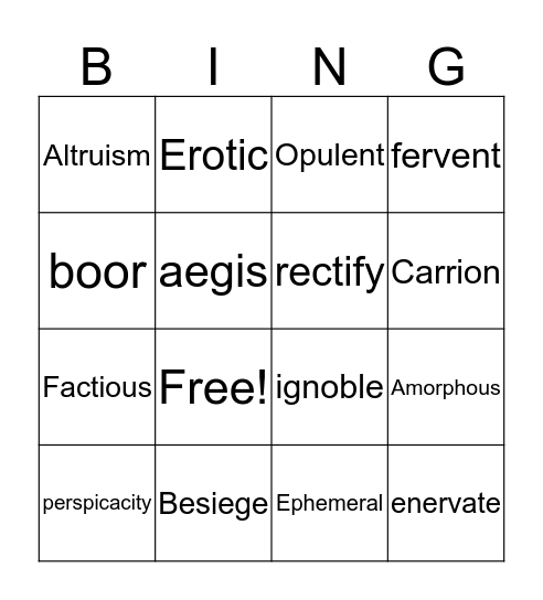 Unit 1 Vocabulary Bingo Card