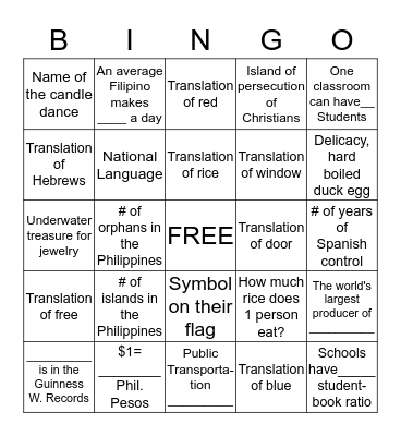 Filipino  Bingo Card