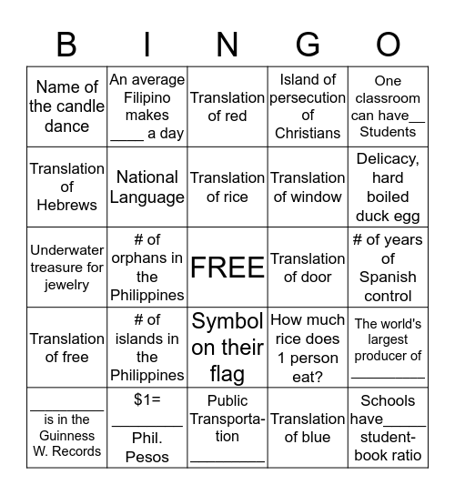 Filipino  Bingo Card