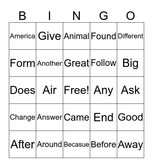 Fry Words Bingo Card