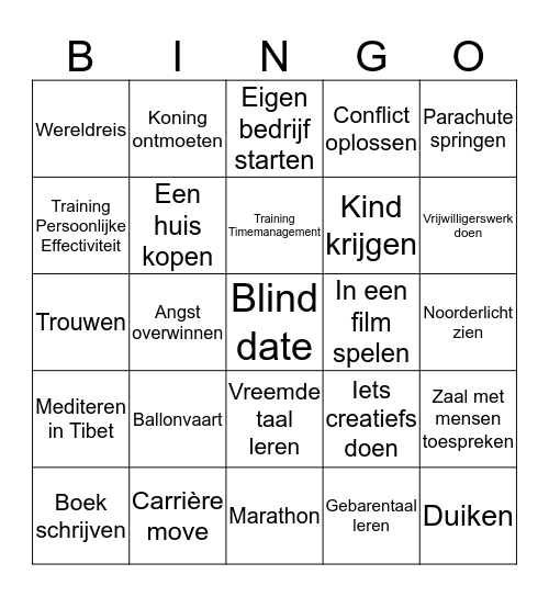 Bucketlist Bingo Card